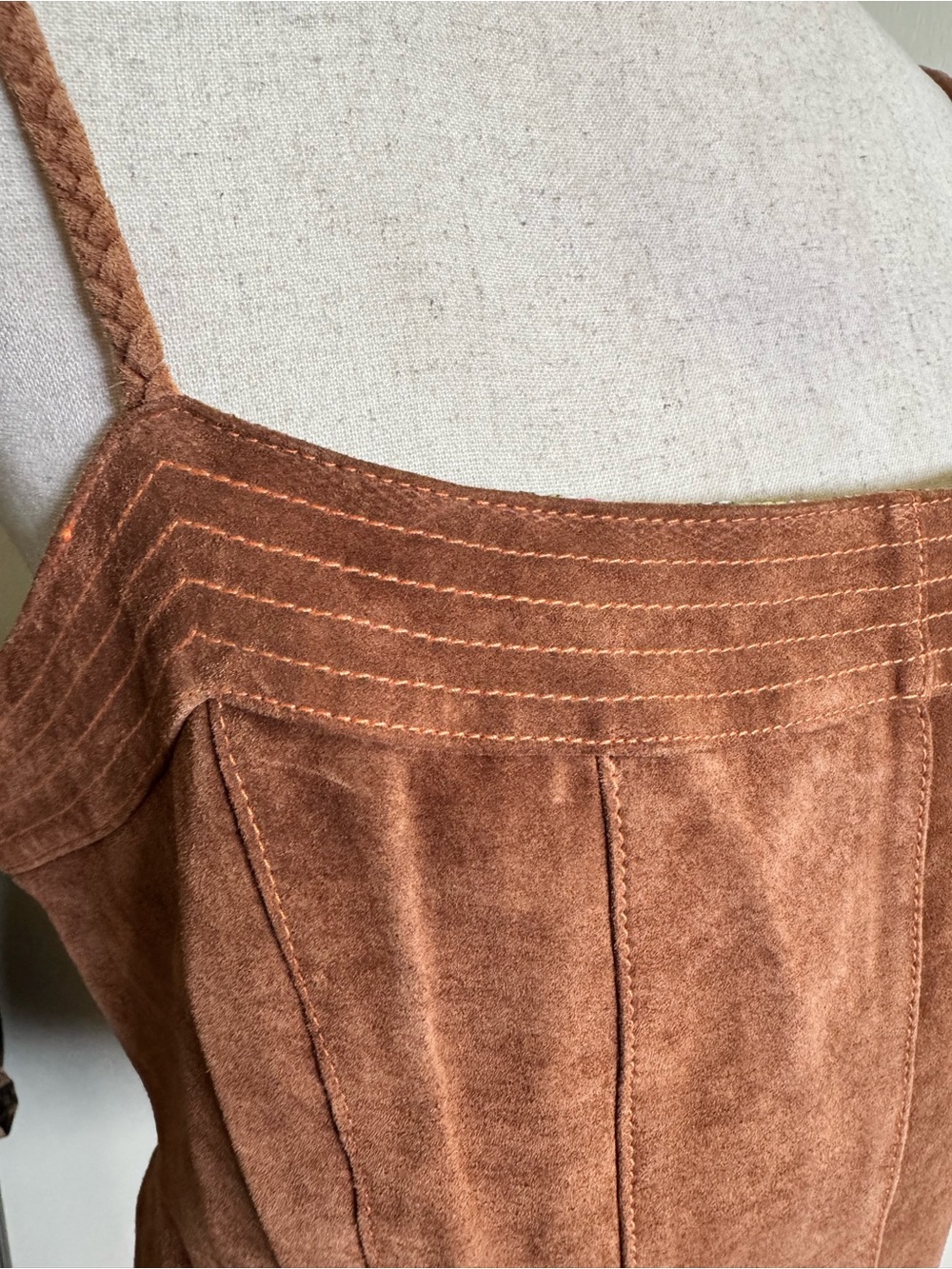 Y2K Wilsons Leather Brown Suede Leather Spaghetti Strap Crop Tank Top - Picture 3 of 5